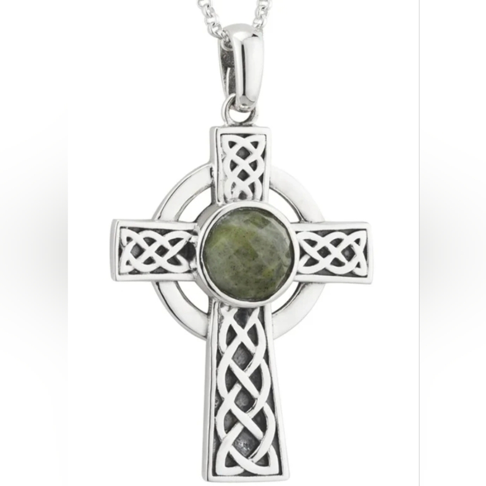 New! Solvar Sterling Silver Connemara Marble Celtic Cross Necklace - Picture 2 of 3
